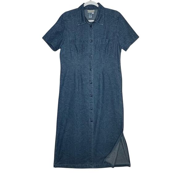 Coldwater Creek Denim Button Shirt Dress PM Palm Leaf Side Slits Retro Academia - Picture 2 of 11
